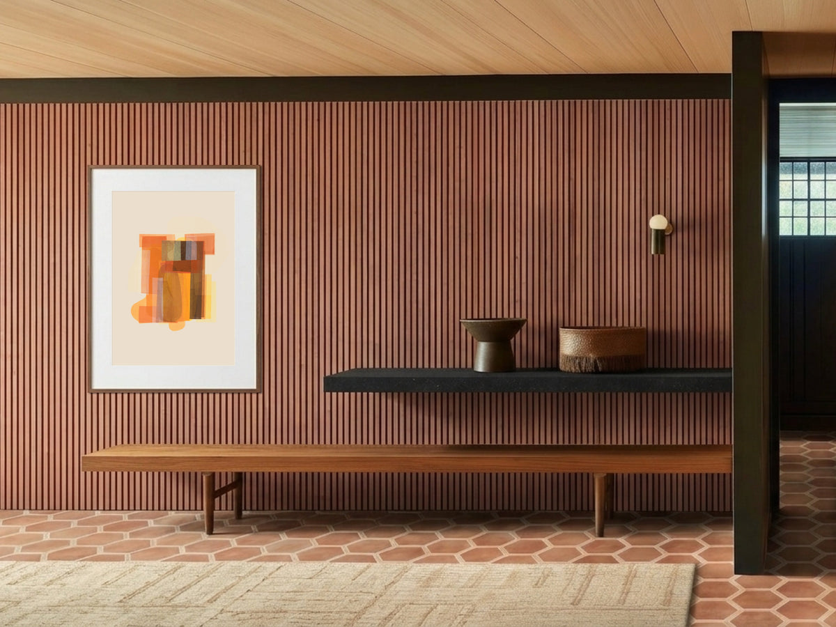 Hikari (光) — Light print by Angeline Harrington, shown in a room with a dark striped wall
