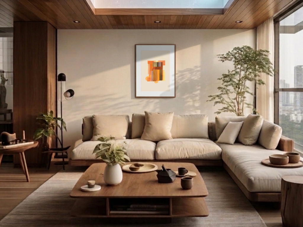 Hikari (光) — Light print by Angeline Harrington, shown in an apartment with a dark wall
