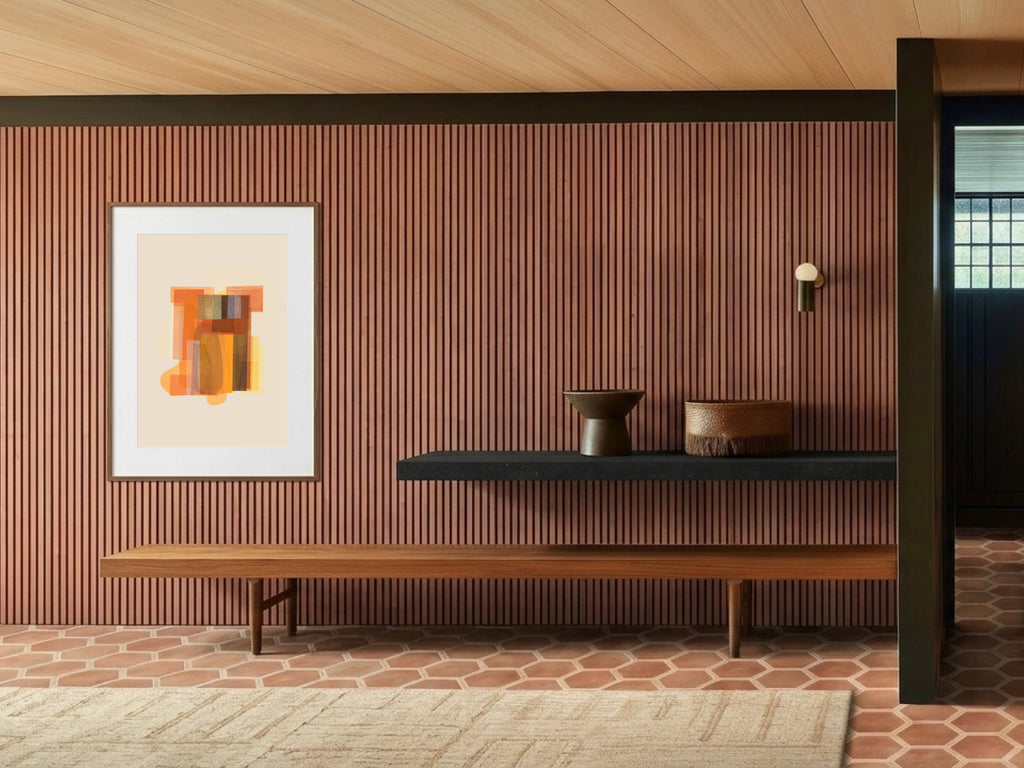 Hikari (光) — Light print by Angeline Harrington, shown in a room with a dark striped wall