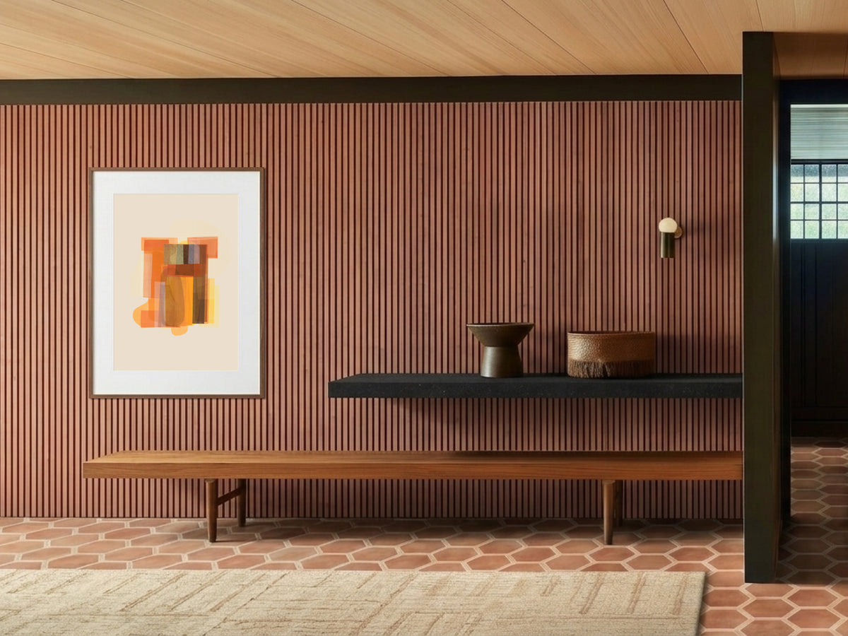 Hikari (光) — Light print by Angeline Harrington, shown in a room with a dark striped wall
