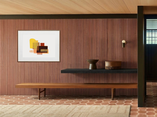 Koku (刻) — Moment print by Angeline Harrington, shown in a room with a dark striped wall