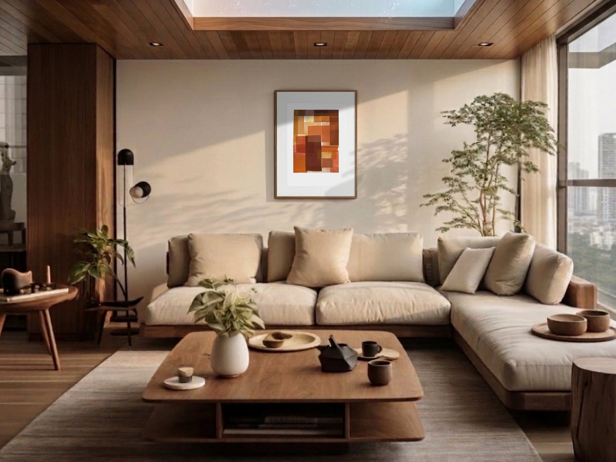 Ne (根) — Foundation print by Angeline Harrington, shown in an apartment with a dark wall