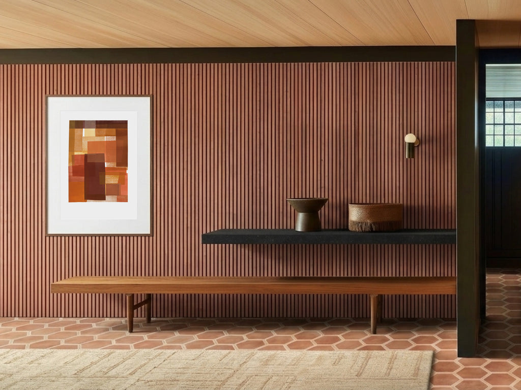 Ne (根) — Foundation print by Angeline Harrington, shown in a room with a dark striped wall