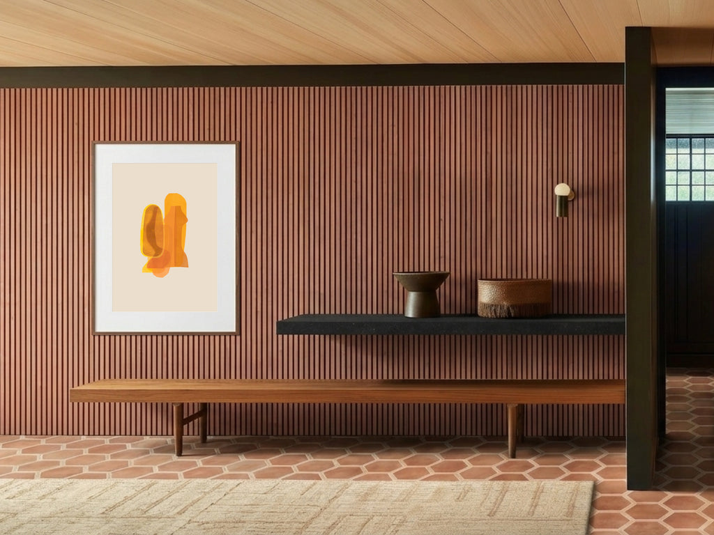 Yureru Shinpo (揺れる進歩) — Wavering Progress print by Angeline Harrington, shown in a room with a dark striped wall