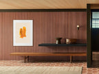 Yureru Shinpo (揺れる進歩) — Wavering Progress print by Angeline Harrington, shown in a room with a dark striped wall