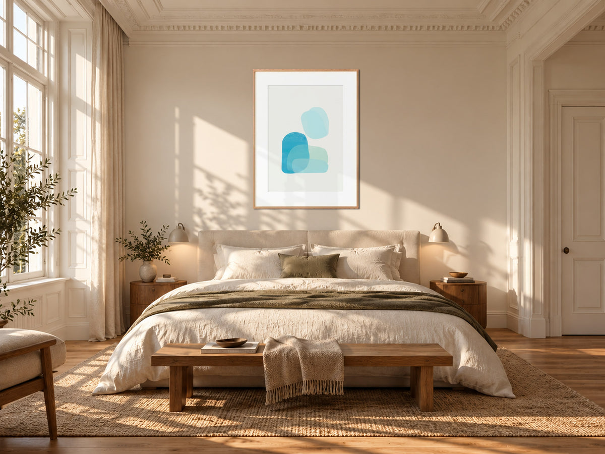 Rock Pool print by Angeline Harrington, shown in a sunlit bedroom