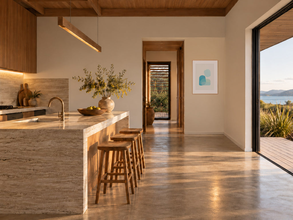 Rock Pool print by Angeline Harrington, shown in a kitchen hallway with a sea view